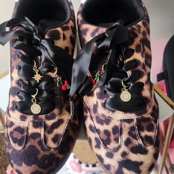DV by Dolce Vita Leopard Print Satin Ribbon Sneakers - Brown Black - Picture 2 of 8